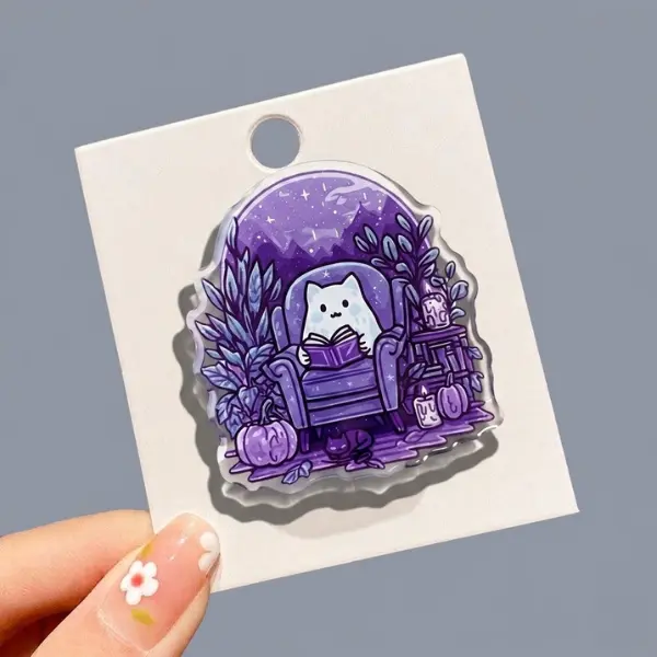 Cute Ghost Reading MagSafe Phone Grip, Cozy Purple Aesthetic Bookish PopSocket, Spooky Book Lover Gift, Pumpkin & Fall Reader Accessory, BookTok Merch