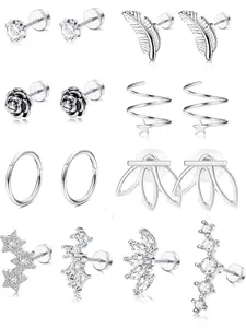 Dazzling 8 Pairs Silvery Hoop Stud Earrings 16G Stainless Steel Helix Cartilage Tragus Stud Earrings Hoop for Women Men Flower Feather Lotus Jacket Earrings CZ Inlaid Cartilage Piercing Earrings Stud Body Piercing Jewelry Ear Studs