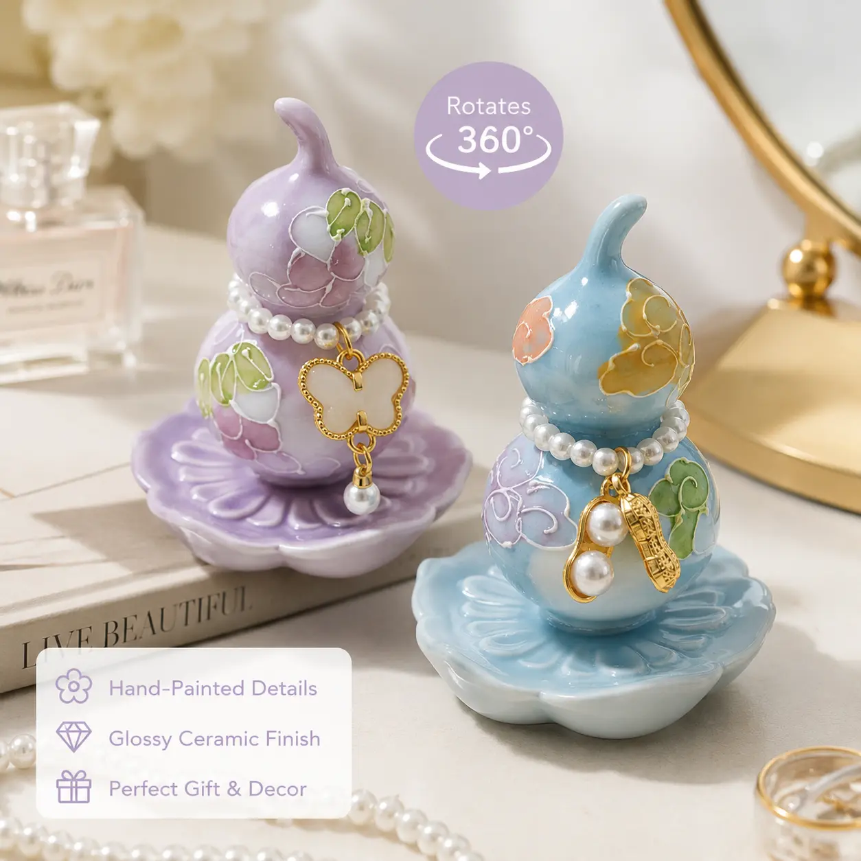 360° Rotating Lucky Gourd Ceramic Decor, Floral Good Luck Desk Ornament with Pearl Charm, Glossy Tabletop Figurine for Home, Office, Shelf & Gift