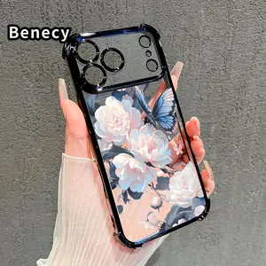 Floral Butterfly Reverie Pattern Four Corner Anti-Fall Phone Case Transparent Electroplated Protective Cover for iPhone 17 16 Pro Max 15 Plus 14 13 12 11 E Air