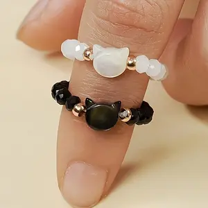 2pcs Set Black & White Cat Ring Set Adjustable Elastic Band Glossy Bead Accent Golden-Pupiled Eyes Interchangeable Caps Comfortable Fit Minimalist Elegance Resin Material