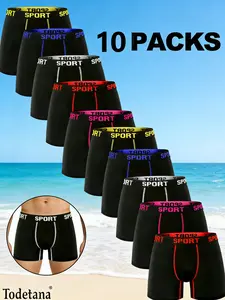 10 Packs Men’s Stretchy Boxer Briefs, Casual Slim Fit Breathable Moisture-Absorbing Underwear for Daily Wear, All Seasons Athleisure Menswear, Solid Color / Letter Tape, Ideal Christmas Gift