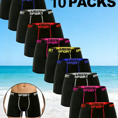 10 Packs Men’s Stretchy Boxer Briefs, Casual Slim Fit Breathable Moisture-Absorbing Underwear for Daily Wear, All Seasons Athleisure Menswear, Solid Color / Letter Tape, Ideal Christmas Gift