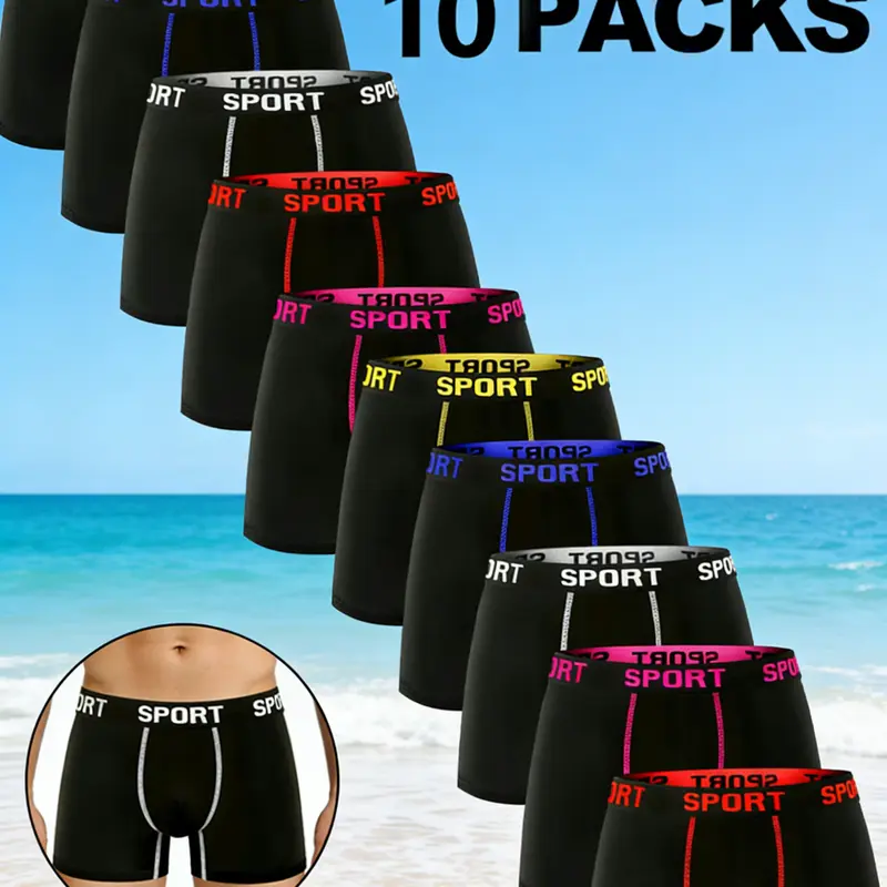 10 Packs Men’s Stretchy Boxer Briefs, Casual Slim Fit Breathable Moisture-Absorbing Underwear for Daily Wear, All Seasons Athleisure Menswear, Solid Color / Letter Tape, Ideal Christmas Gift