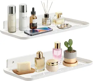 Adhesive Floating Shelves No Drill Floating Shelf for Wall Storage Damage-Free Wall Mounted Organizer for Bathroom, Kitchen, Bedroom & Office (White, 2 PCS)