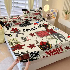 Stranger Things Demogorgon Party-Printed Fitted Sheet Set (with 2 Pillowcases) – Soft & Cozy, Perfect Gift for Edgy Enthusiasts, Bedroom Style Refresh, Decorative Bedsheet Sets