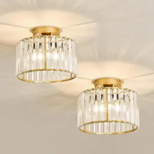 2 Pack Gold Crystal Semi Flush Mount Ceiling Light,Vintage Mini Ceiling Light Fixture Metal Close to Ceiling Lamp for Hallway Kitchen Living Room Bathroom Entryway Bedroom Closet