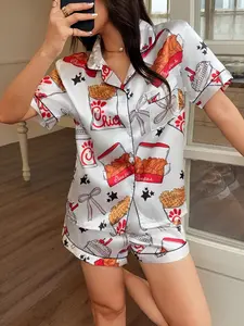Women's Fried Chicken Print Pajama Set, Casual Comfort Short Sleeve Shirt and Shorts, All Season Home Wear, Loose-Fitting