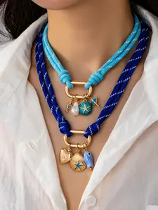 1pc Bohemian Style Blue Rope Necklace With Carabiner Pendant And Marine Life Pendant - Summer Vacation Ocean Style Statement Necklace With Starfish And Heart Lock Pendant - Customizable, Suitable For Daily Wear And Beach