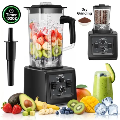 [2026 Upgrade] PRASKY 68&102OZ Timer Blender & Grinder Combo, 25000RPM Countertop Smoothie Maker with Dual BPA-Free Containers, for Ice Crush, Coffee Beans, Dried Chili & Frozen Drinks, Large Capacity Multifunction Juicer