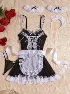 Sexy Contrast Lace Role-Playing Costume, Front Button Top/Neck Hanging Bra/A-Line Skirt/Maid Apron/Neck Ring, Women'S Music Party Clothing