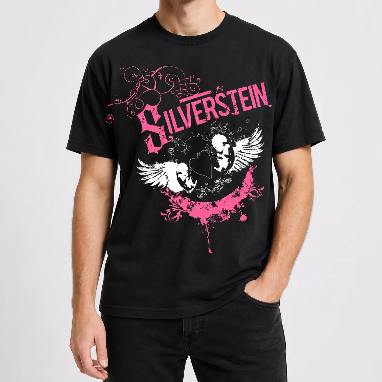 Silverstein Post-Hardcore Band Graphic T-Shirt, Hot Pink Ornate Typography Over Winged Cherub Crest and Splatter Accents, Unisex Black Streetwear Tee, Emo Punk Rock Outfit