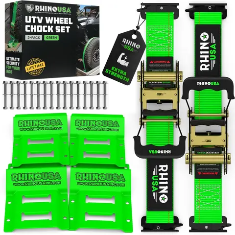 Rhino USA Wheel Chock Tie Down Kit (1,986lb Break Strength) Ultimate Heavy Duty Trailer Tire Straps System, Ratchet Tie Downs Accessories with E Track