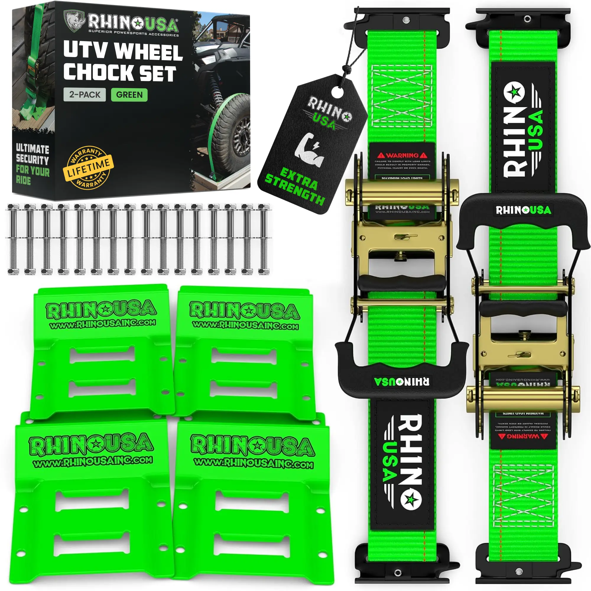 Rhino USA Wheel Chock Tie Down Kit (1,986lb Break Strength) Ultimate Heavy Duty Trailer Tire Straps System, Ratchet Tie Downs Accessories with E Track