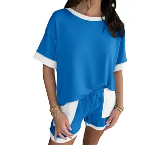 FISOEW Sports 2026 Summer Spring Women's Summer 2 Piece Sportswear Set, Loose Sweatshirt and Shorts, Casual Color-Blocking Breathable Loungewear Set, New Autumn Collection, Chic Matching High Waisted Womenswear