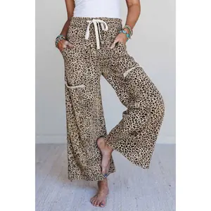 Women's Khaki Animal Print Wide-Leg Terry Knit Pants - Leopard, Cheetah Pattern, Comfy Casual Fashion Bottoms for Everyday Wear, Leopard Pants, Comfy Pants