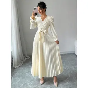 Elegant Women's Spring Autumn Cross V-Neck Pleated Long Evening Dress, Perfect for Ceremonies & Special Events