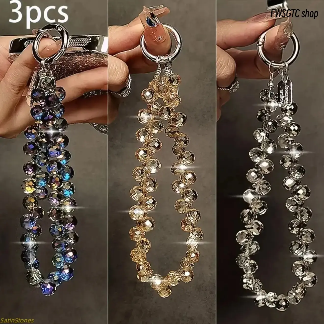3-Pack Mixed Color Luxury Rhinestone Phone Lanyards, Durable ABS with Detachable Metal Link Chains. Multi-Purpose Accessory for Phones, Bags & Keys, Perfect for Commute & Party Occasions