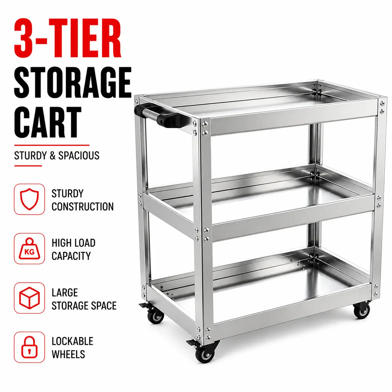 Multi-Function 3-Tier Tool Cart with Push Handle, Wheels, Racks and Organiser - Shelf-Type Mobile Cabinet for Auto Repair Workshop Storage and Maintenance