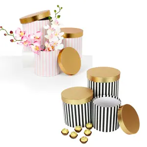 Set of 3, Round Flower/Gift Boxes with Golden Lids, Pink/Black Stripes | W7414/7412