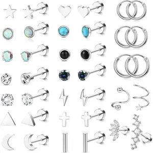 YADOCA Surgical Steel Stud Earrings Set - Women & Men's Small CZ Heart Star Moon Flat Back Earrings - Hypoallergenic 20G Tiny Cartilage Stud Hoops Helix Tragus Daith Piercing Jewelry
