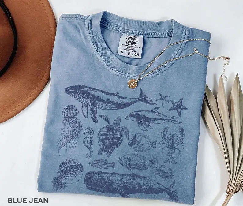 Comfort Colors Vintage Sea Animals Shirt, 90s Ocean Life Tee, Retro Marine Creatures T-shirt, Coastal Aesthetic Top, Beachy Fish Graphic