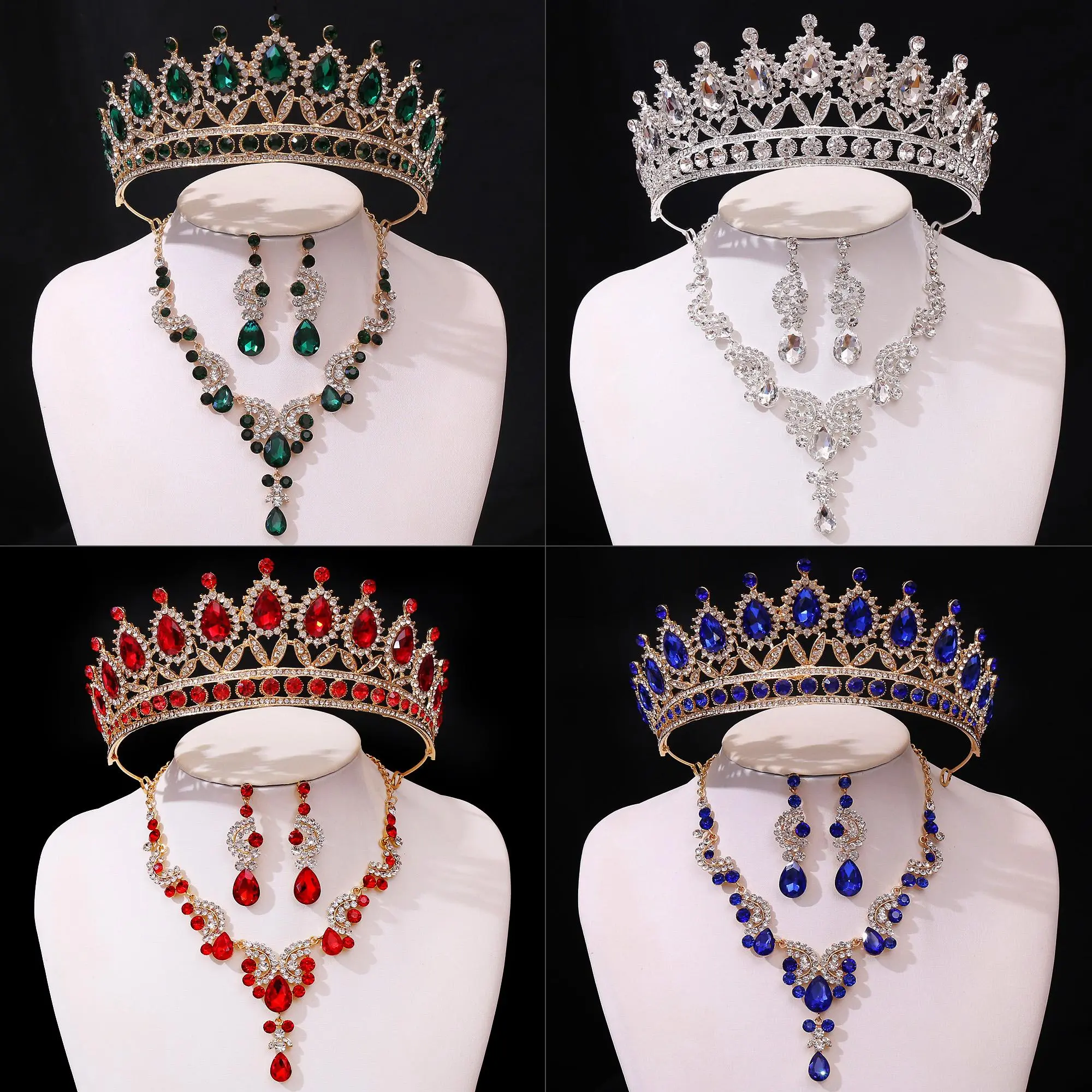 3pcs/set Princess Crown Bridal Jewelry Sets for Girls Water Drop Green Blue Red Crystal Tiaras Necklace Earrings New Jewelry Set