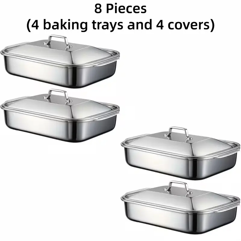 8pcs Heavy-Duty Stainless Steel Baking Pans with Lids & Handles - Non-Stick Thick Rectangular Bakeware Oven Trays for Desserts, Bread - Ideal for BBQ & Buffets