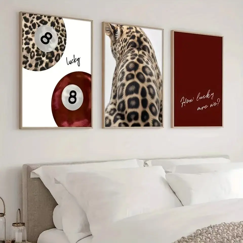3pcs Lucky Number 8 Ball Leopard Pattern Cheetah Canvas Print "How Lucky We Are" Wall Decoration Poster Modern Art Design Living Room Home Decoration Frameless Hanging Painting Wall Decor Pictures