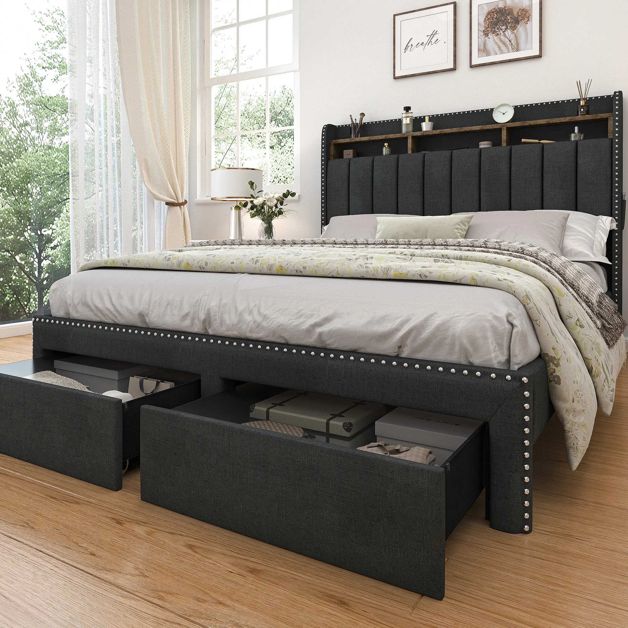 [Summerwins] SIBEDS Queen LED Bed Frame, Storage Bed Frame with Drawers, Modern Upholstered Platform Bedframe with 2-Tier Linen Wingback Headboard, Channel Tufted Rivet Detail, No Box Spring Needed
