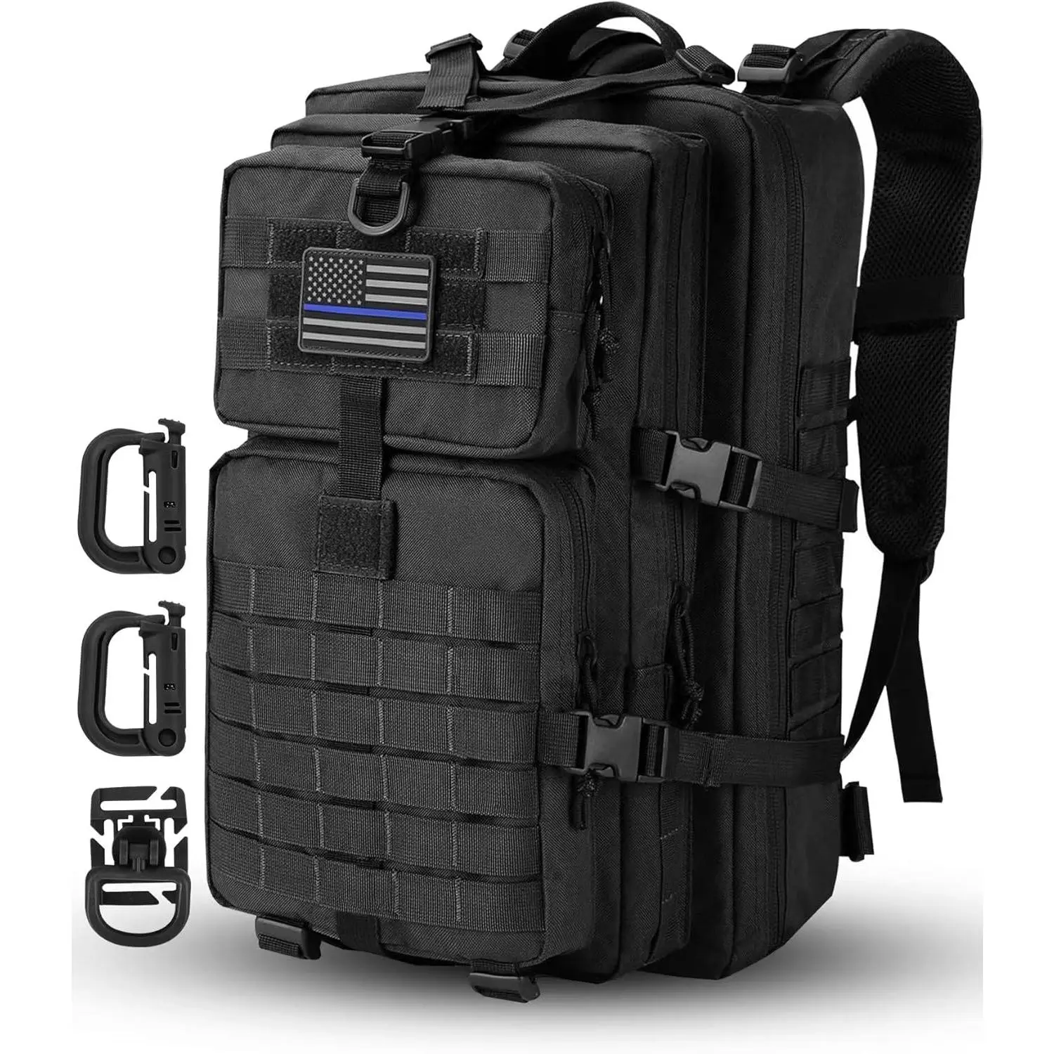 Adults' Black Tactical Assault Backpack, Military 3-Day Trip Camping Rucksack with USA Flag Patch, D-Rings, Black Camo Design, Camouflage, Male, 3-Day Pack Trip, No