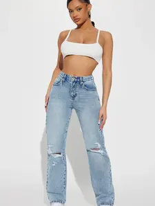 Only One Non Stretch Ripped Straight Leg Jean - Medium Wash
