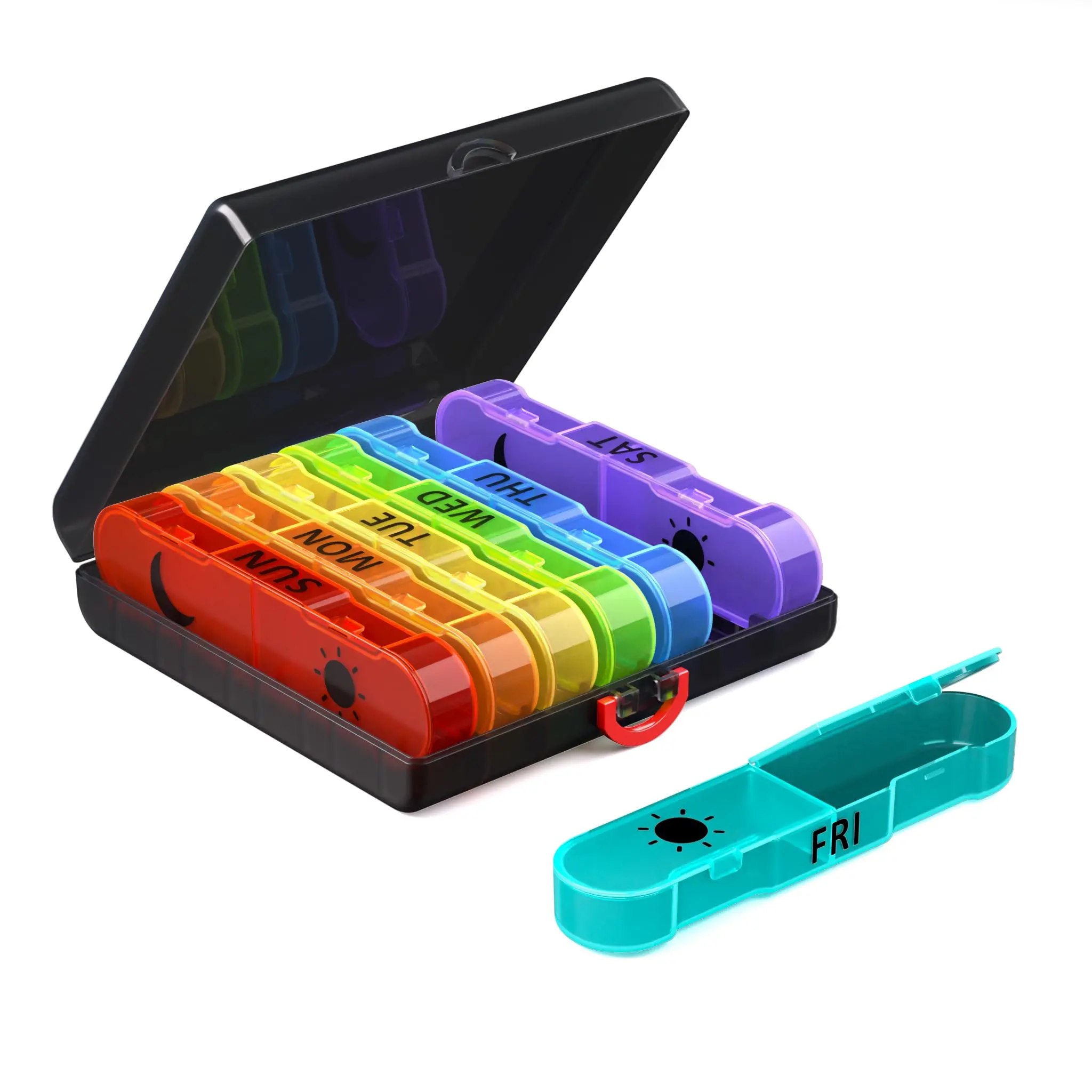 7 Day AM PM Pill Organizer for College, Dorm and Campus Routines, 7 Removable Rainbow Daily Boxes with Sun Moon Sections, Large-Capacity BPA-Free Weekly Medicine Container and Compact Protective Case