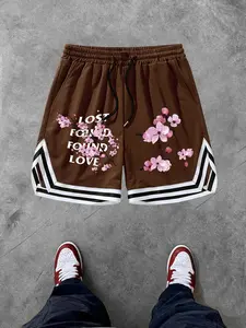 Men's Casual High Street Cherry Blossom Basketball Shorts, Athletic Shorts, Breathable Skin-Friendly Material, Elastic Waist, Loose Fit, Romantic Print