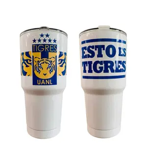 Liga MX 30oz Tumbler stainless steel Tigres UANL incomparables Cup. Colors silver and white. Termo Tigres