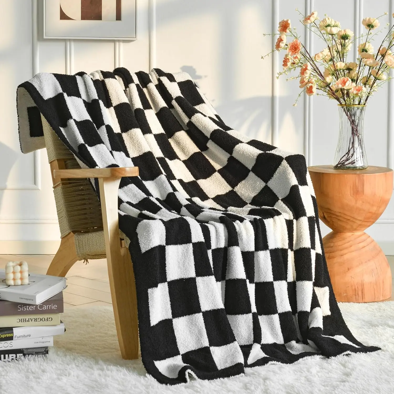 Checkered Throw Blanket, Black Knit Blankets with Soft Fluffy Microfiber, Cozy Fluffy Lightweight Decorative Reversible Travel Blanket for Couch Bed Sofa, 50"x60"