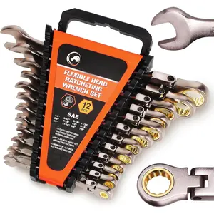 12 count Flexible Ratchet Wrenches Set SAE 1/4" to 7/8" Inch Standard Spanners Gear Ring Ratcheting Combination Flex- Wrenches Kit with Portable Organizer Rack