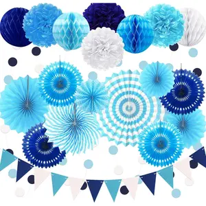 23Pcs Blue Birthday Party Decorations for Boys Men Navy Royal Light Blue Honeycomb Ball Hanging Paper Fans Pom Poms Baby Shower Boy Party Supplies for 16th 18th 21th 30th 40th 50th