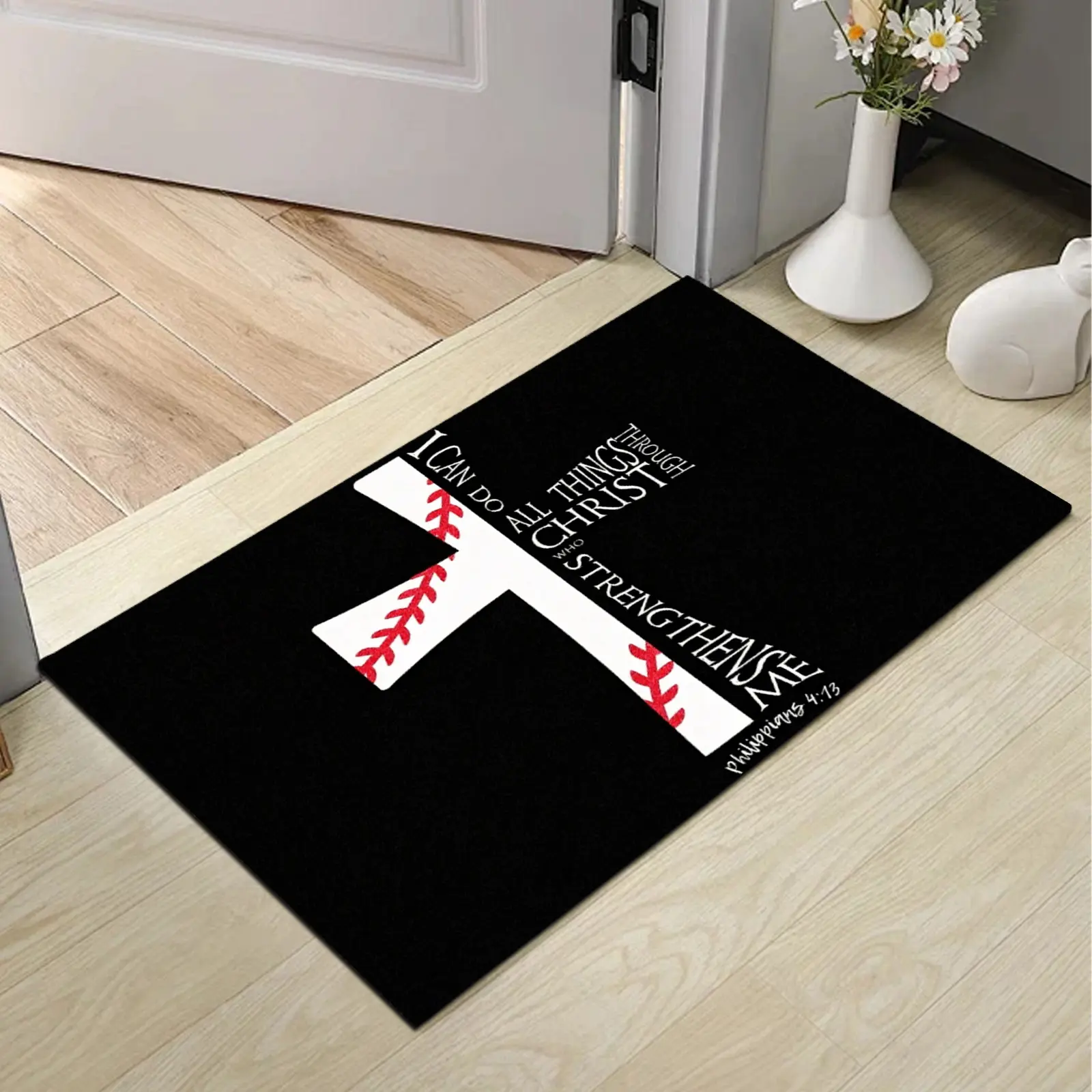 Christian Baseball Cross Doormat with Philippians 4:13 Bible Verse, Low Profile Non-Slip Entrance Rug, Anti-Shrink Durable Diatom Mud Front Door Porch Decor, Machine Washable Inspirational Religious Gift for Sports Lovers
