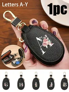 Unisex key pouch, large-capacity multifunctional keychain storage bag, simple and compact, suitable for home use, portable for car use, with initials pattern, paired with floral design, Car Key Protector, Car Key Accessory