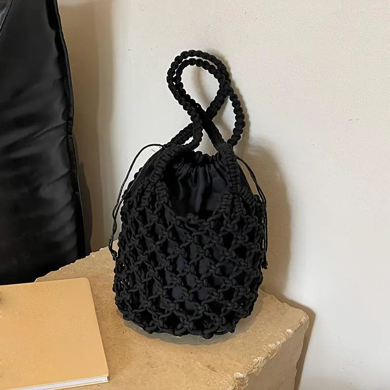 Women's Small Handmade Hollow Rope Crochet Bucket Bag, Polyester Woven Functional Shoulder Purse for Daily Casual Use