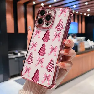 Pink Christmas Bows & Trees Phone case for iPhone 17 Air 16 Pro Max 15 Plus 14 13 12 11 XS Full Body Protection Shockproof Soft Silicone Cover Cellphone Smartphone