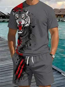 Men's casual two-piece set with ink-wash tiger print on grey background, 3D digital printed 2-piece outfit, trendy retro casual suit, stylish vacation wear, breathable sporty casual style, ideal holiday gift for men