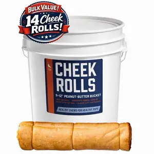 9-12” Peanut Butter Collagen Cheek Roll Bucket (14 Pack) 100% Natural and Extra-Thick - Single-ingredient - Long-lasting for Big Dogs and Aggressive  Chewers
