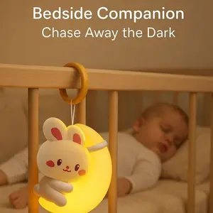 Baby Glowing Bunny Night Light, Cute Bed Bell Crib Hanging Toy, Rotating Rattle Car Pendant, Newborn Gift for Infants (self-Contains Batteries)