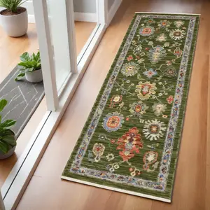 360 Stand 6 ft. Oriental Runner Rug with Fringe Detail, Colorful Hues of Green, Gray & Light Blue, Powerloomed, Oriental Motif, Traditional Look for Entryway Use