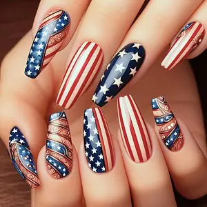 Medium-Length Striped Gradient Star False Nails, 24 Pcs Detachable Reusable Nail Art Stickers, Perfect for Festivals and Vacations