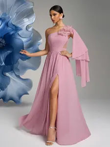 Elegant Asymmetrical Neckline Dress with Embroidered Patch Decoration, Waist Mesh Panel Contrast, Split Hem Design, Party Gown Style