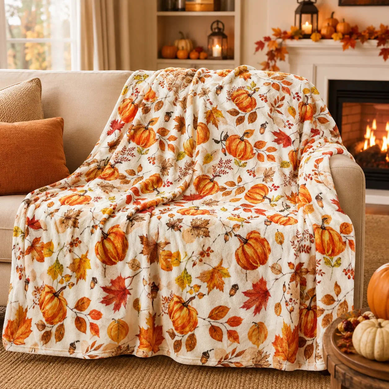 Watercolor Pumpkin & Maple Leaf Fall Flannel Blanket - Soft, Cozy, Warm Fuzzy Plush Throw, Perfect Holiday Gift for Women, Rustic Farmhouse Bedroom Sofa Home Decor