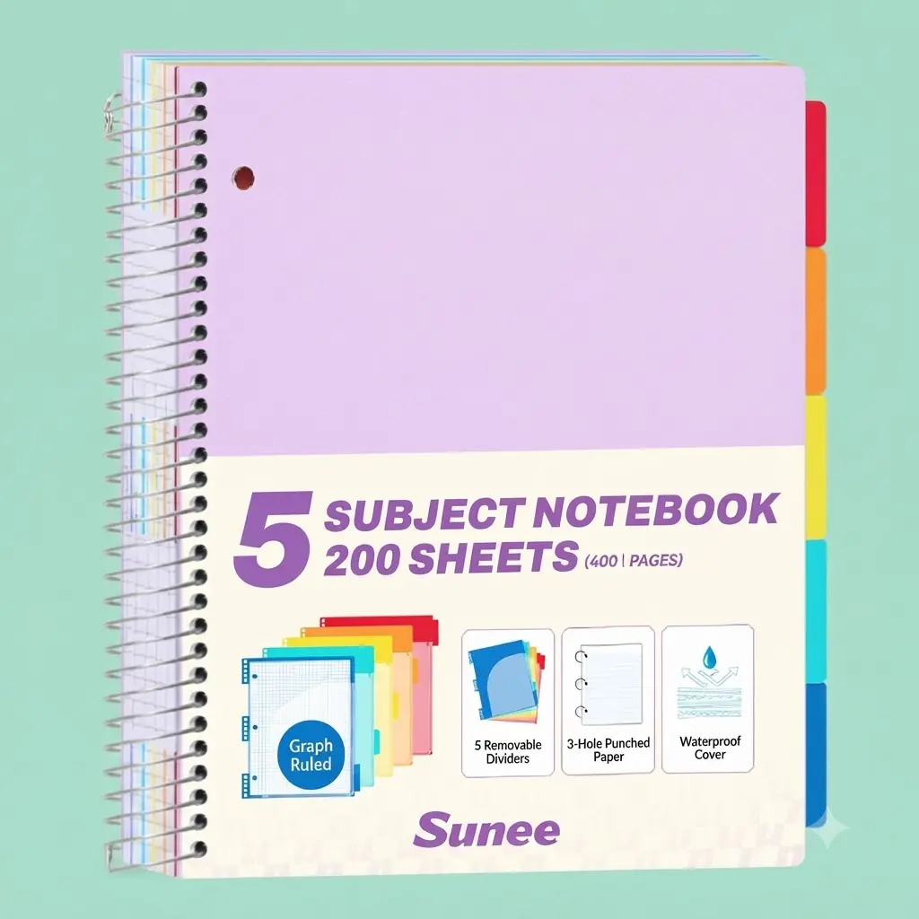 The SUNEE 5-Subject Notebook packs 400 college-ruled pages and heavy-duty dividers to keep all your classes neatly in one place, 8.5"" x 11"", Purple